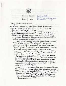 Ronald Reagan Signed Copy of his 1994 Handwritten Letter Announcing He Had Alzheimers. Signed and Dated Day After Public Announcement (University Archives LOA)
